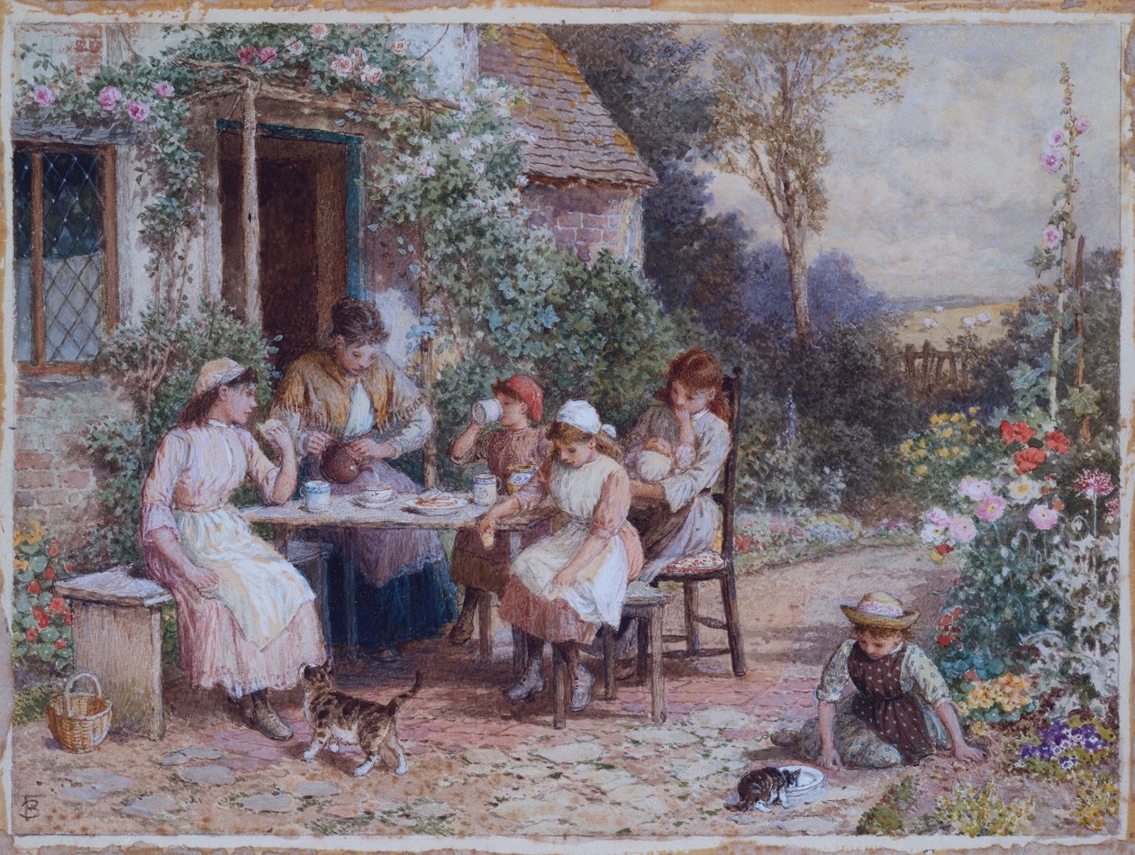 Podwieczorek (ołówek i akwarela podkreślone bielą na karcie) autorstwa Myles Birket Foster