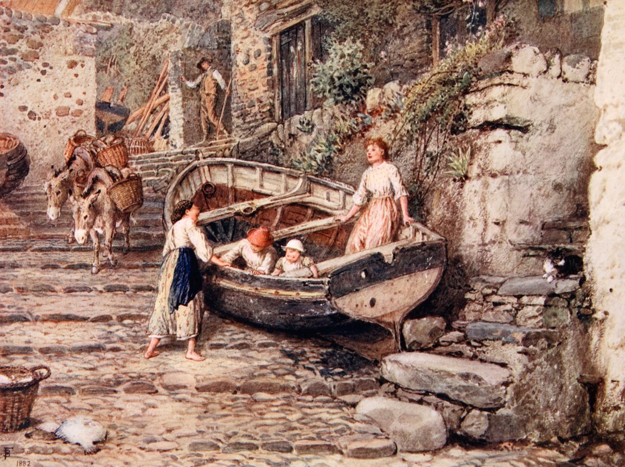 Widok Clovelly, z unieruchomioną łodzią i figurami, 1882 autorstwa Myles Birket Foster