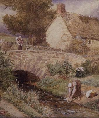 Kobieta piorąca ubrania w strumieniu autorstwa Myles Birket Foster