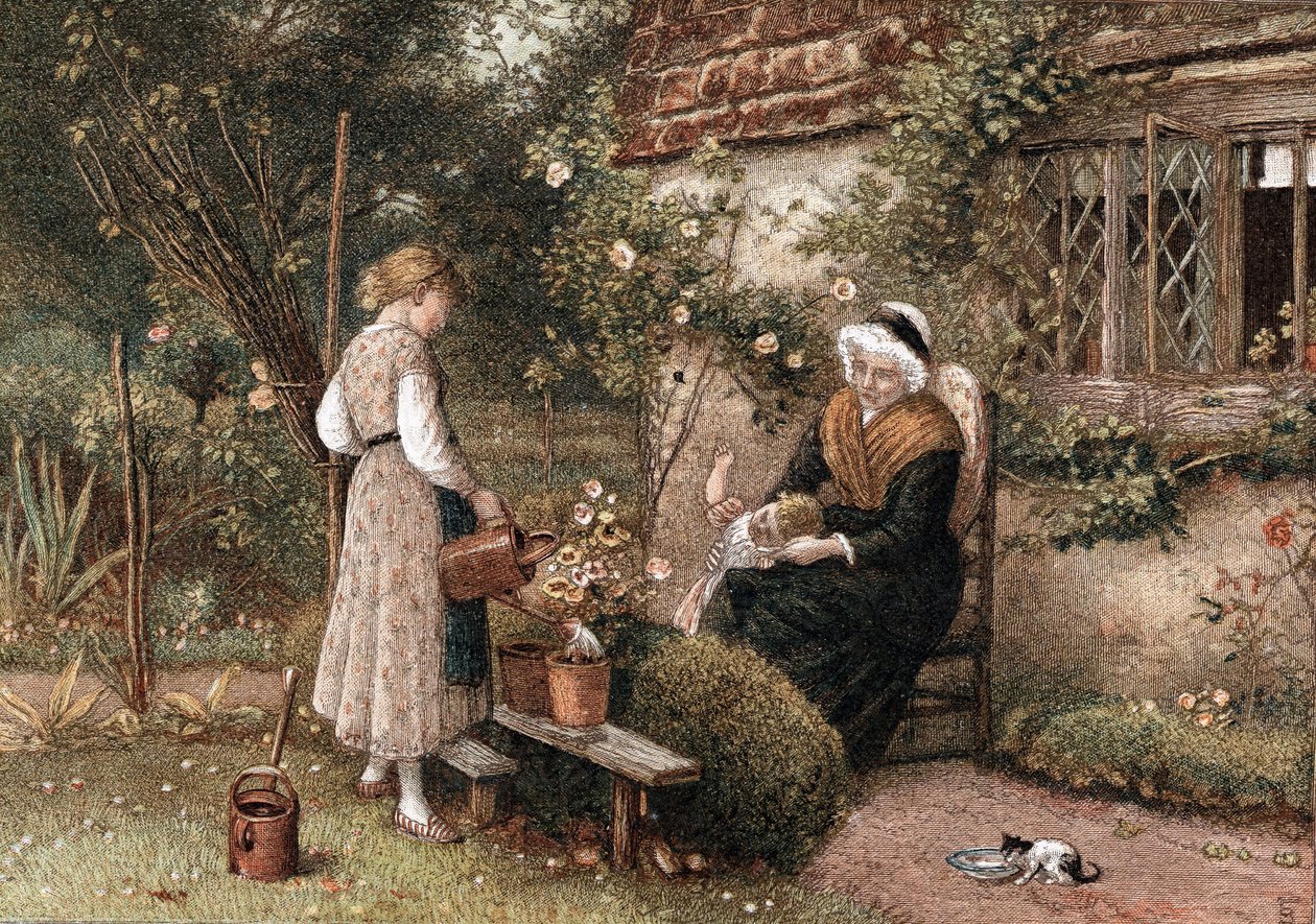 Młodość i wiek. Chromolitografia według obrazu Mylesa Birketta Fostera (1825-1899), angielskiego artysty, opublikowana w Londynie w 1866 roku. Babcia w koronkowym czepku siedząca w przydomowym ogrodzie z dwójką wnucząt. Dziewczynka używa konewki do podlewa autorstwa Myles Birket Foster