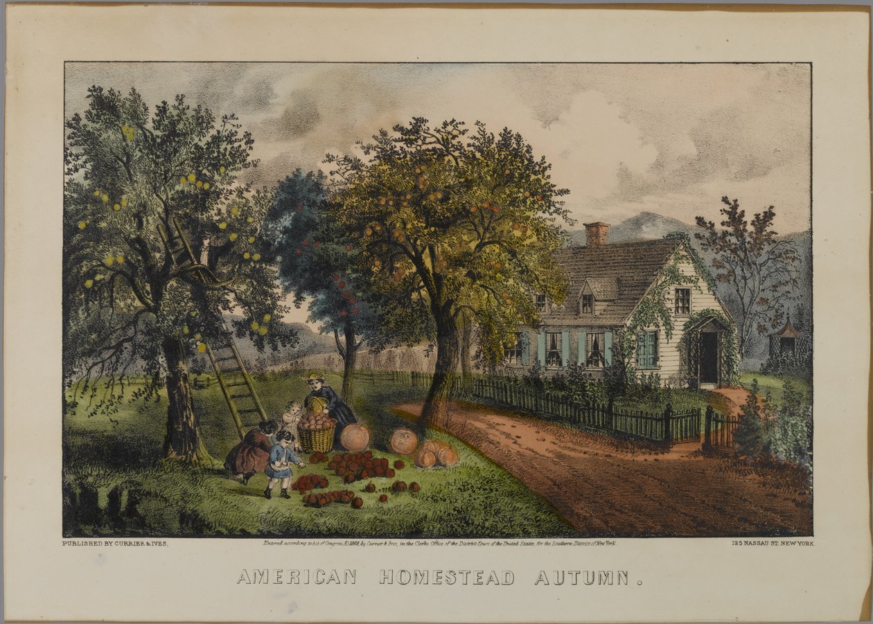 American Homestead Jesień, 1868-69 (lito ręcznie kolorowane) autorstwa N. and Ives, J.M. Currier
