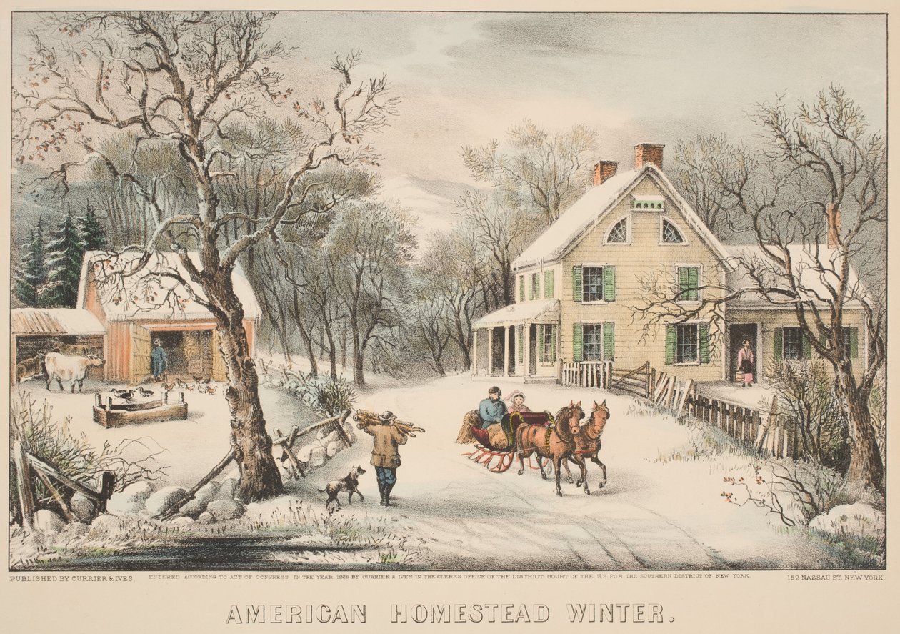 American Homestead Winter, 1868 (kolorowa lito) autorstwa N. and Ives, J.M. Currier