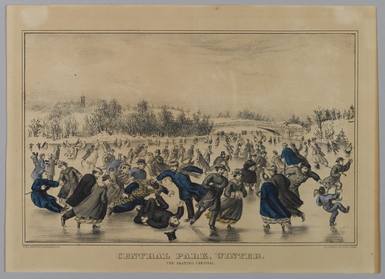 Central Park, Zima. Karnawał na łyżwach. (lito ręcznie kolorowane) autorstwa N. and Ives, J.M. Currier
