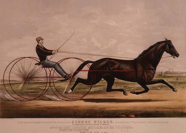 Sławny ogier kłusujący George Wilkes, który pojawił się w swoim wielkim wyścigu wozów przeciwko Lady Thorne, 14 czerwca 1866 roku, autorstwa N. and Ives, J.M. Currier
