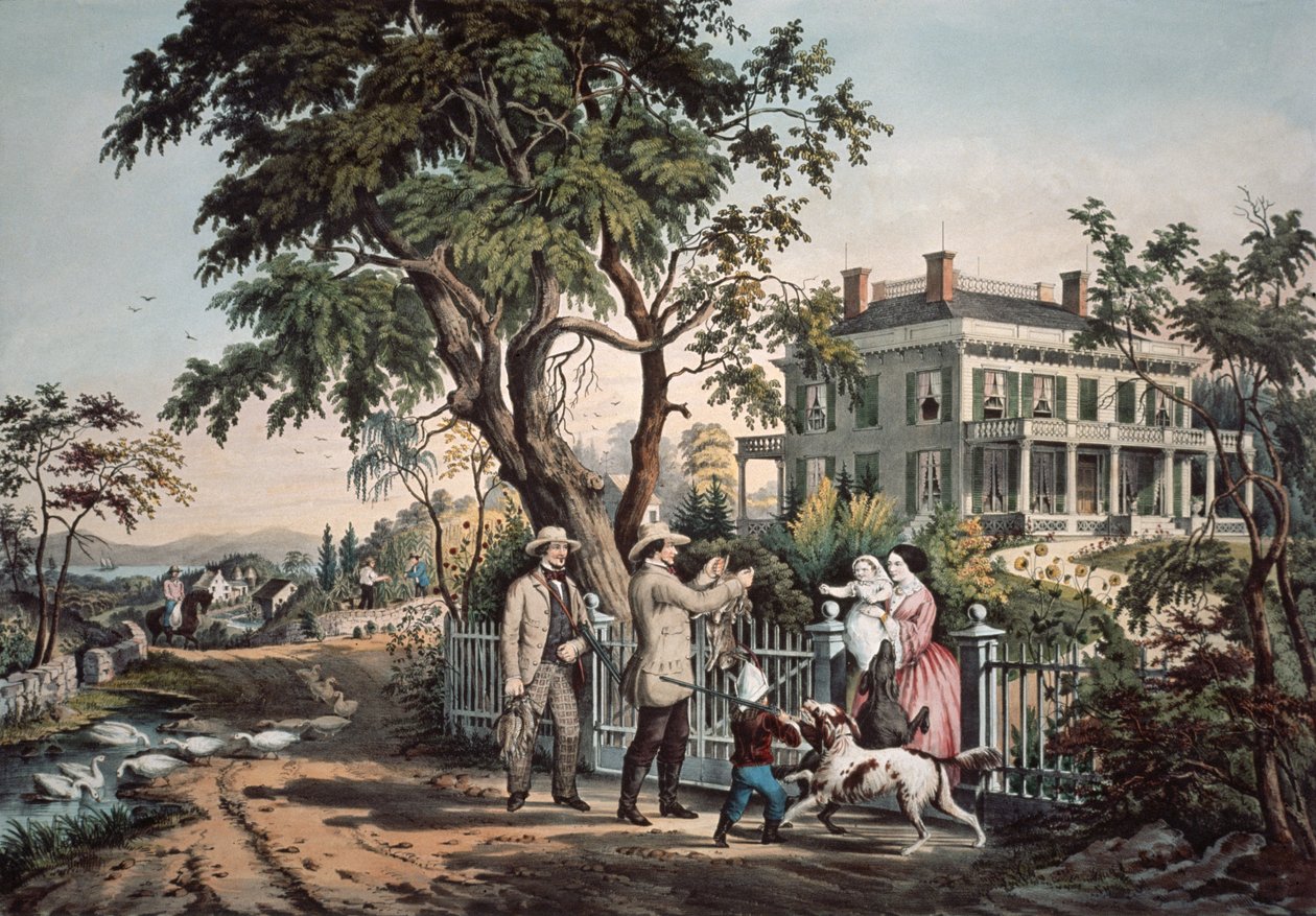 Amerykańskie życie na wsi – październikowe popołudnie, 1855 autorstwa N. and Ives, J.M. Currier