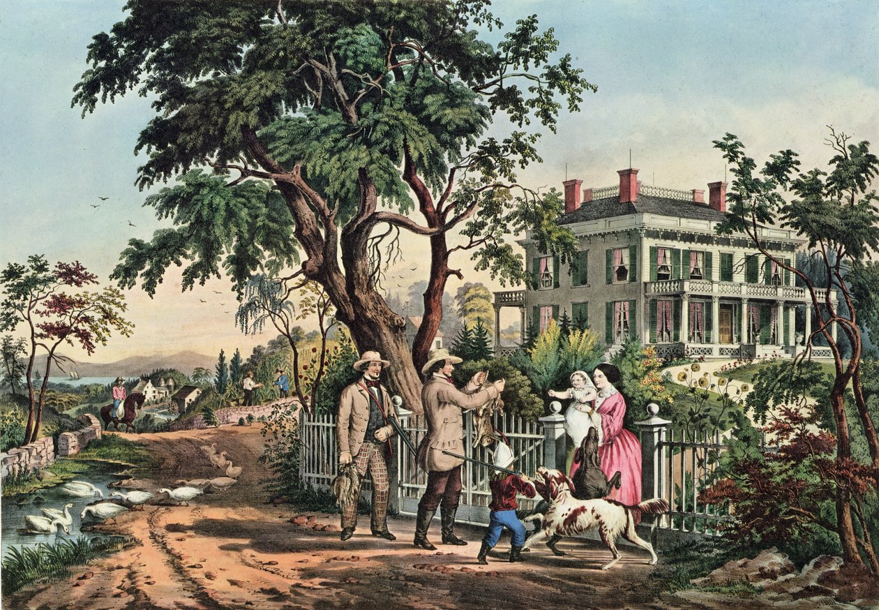 Amerykańskie życie wiejskie - październikowe popołudnie, 1855 r. autorstwa N. and Ives, J.M. Currier
