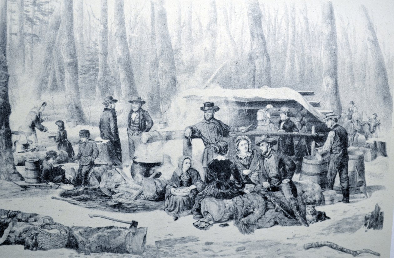 Currier & Ives ilustracja XIX wieku. Amerykańska scena leśna, słodzenie klonu autorstwa N. and Ives, J.M. Currier