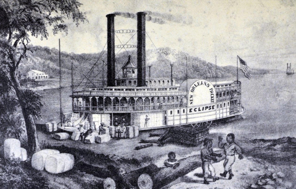 Currier & Ives ilustracja XIX wieku. Na Missisipi, ładowanie bawełny autorstwa N. and Ives, J.M. Currier