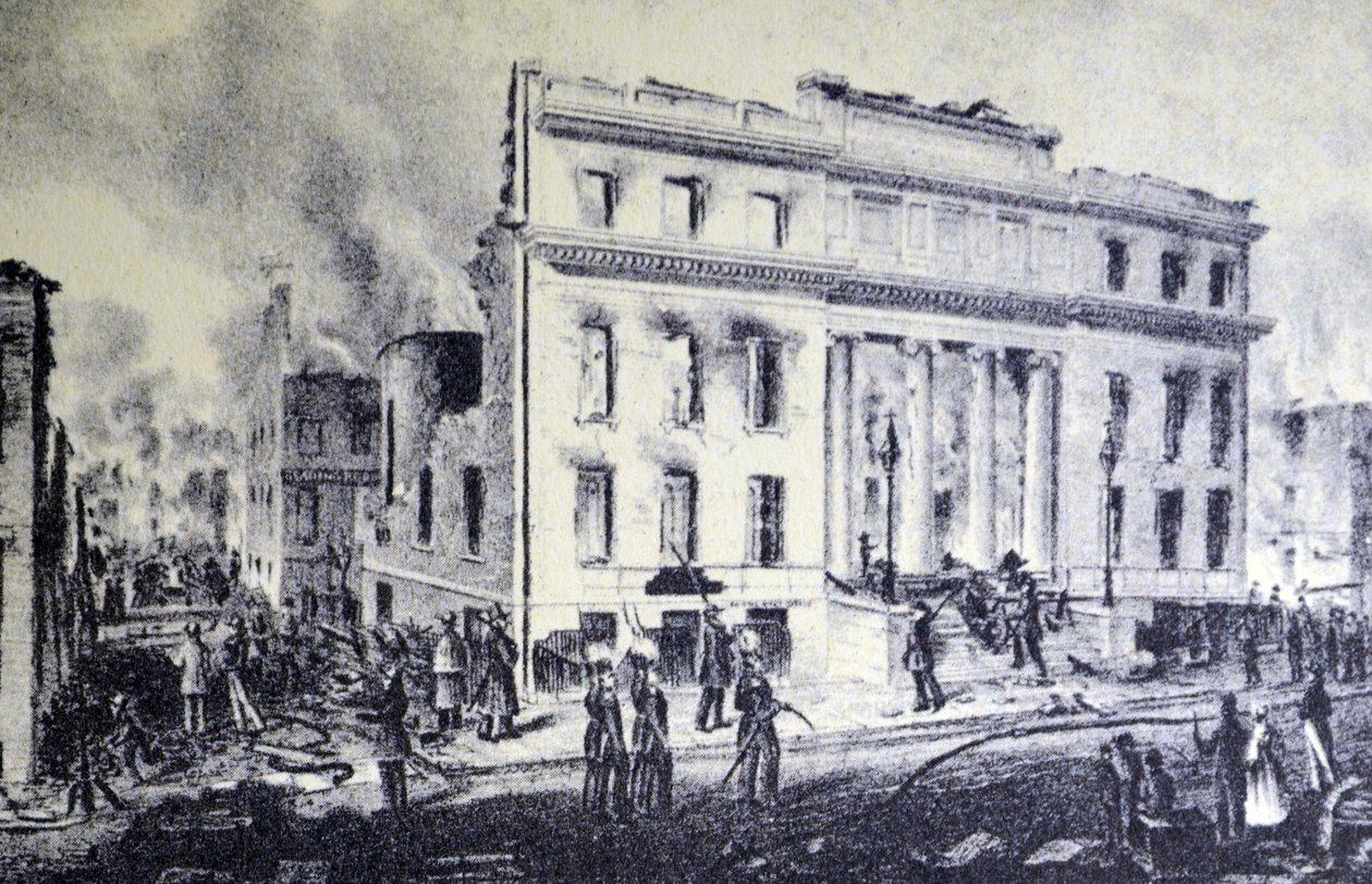 Currier & Ives ilustracja XIX wieku. Ruiny Giełdy Kupieckiej, Nowy Jork autorstwa N. and Ives, J.M. Currier