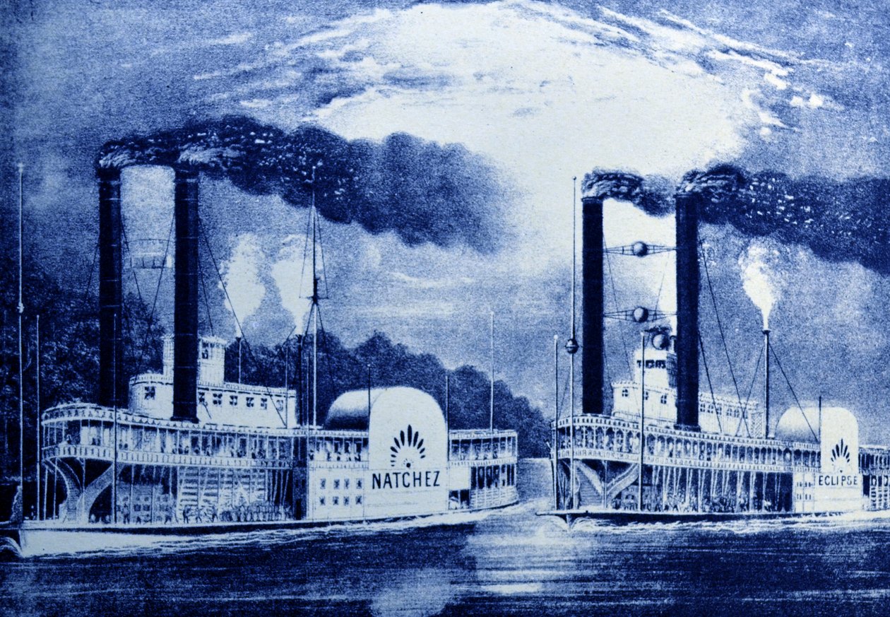 Currier & Ives ilustracja XIX wieku. Wyścig parowców na Missisipi, akt IV, scena III, Jarrett i Palmers Odrodzenie kabiny wuja Tomsa autorstwa N. and Ives, J.M. Currier