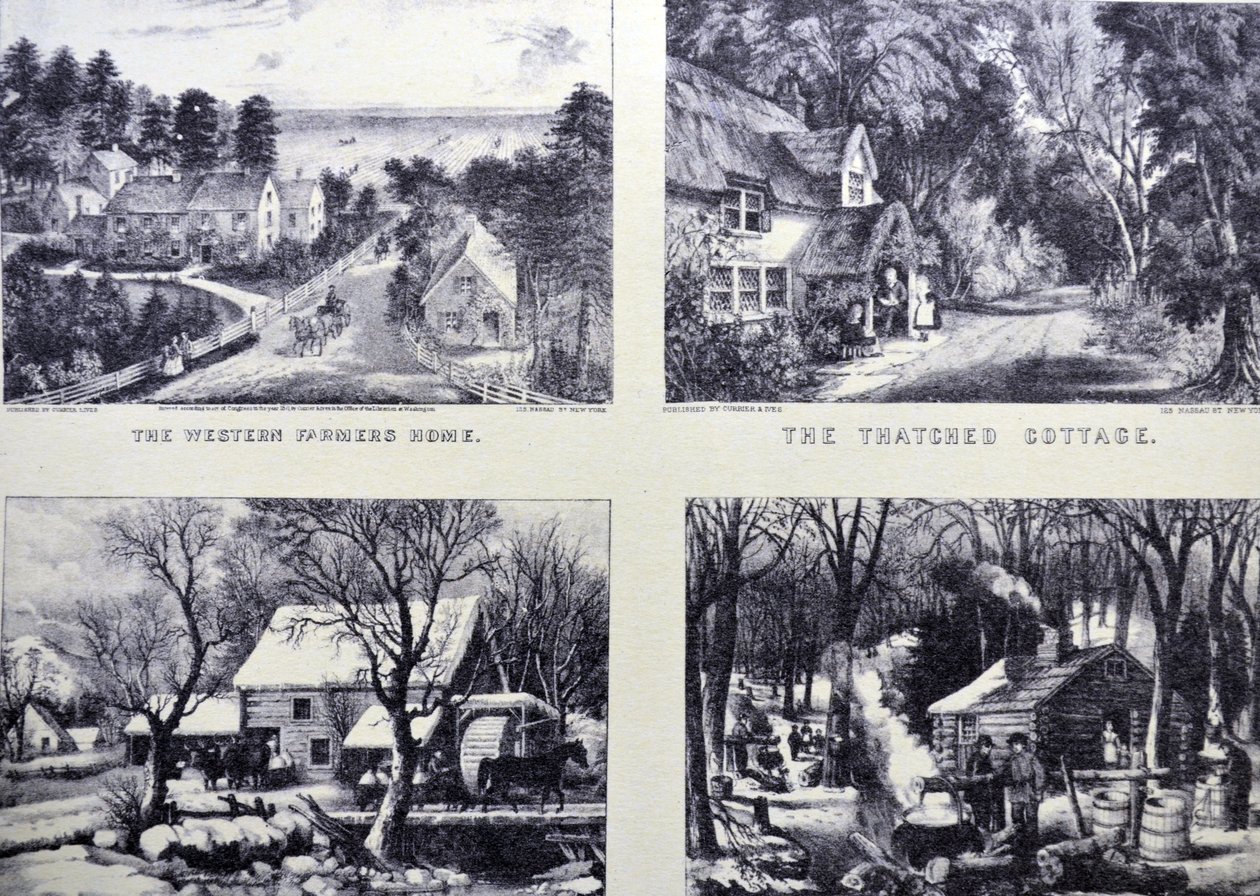 Currier & Ives ilustracja XIX wieku. Dom Zachodnich Rolników; Domek kryty strzechą; Zamrożone; Słodzenie klonu, wczesna wiosna w Północnym Lesie autorstwa N. and Ives, J.M. Currier