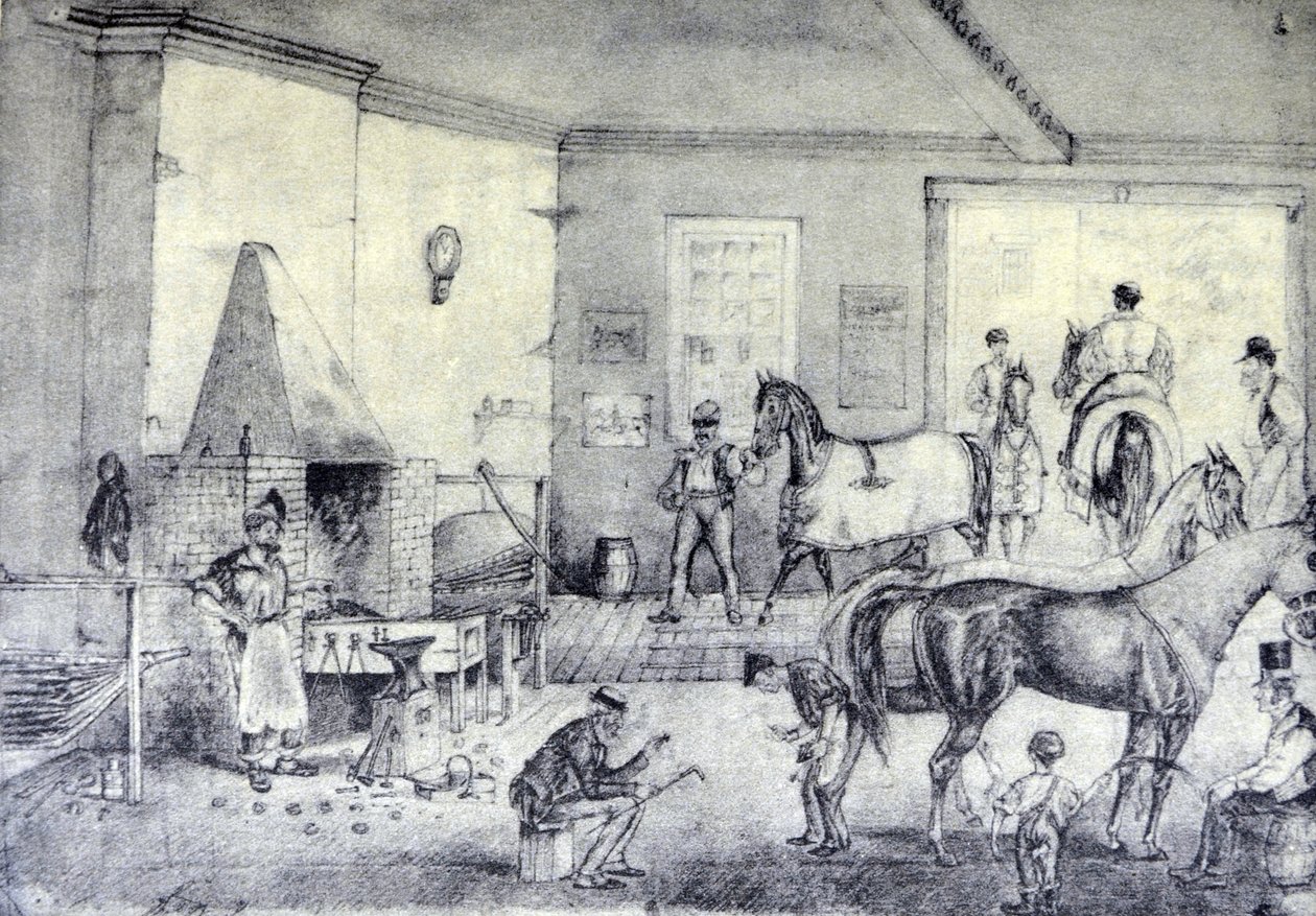 Currier & Ives ilustracja XIX wieku. Pęknięcia kłusaków w Kuźni (oryginalny rysunek Thomasa Wortha, z którego wykonano odcisk). autorstwa N. and Ives, J.M. Currier