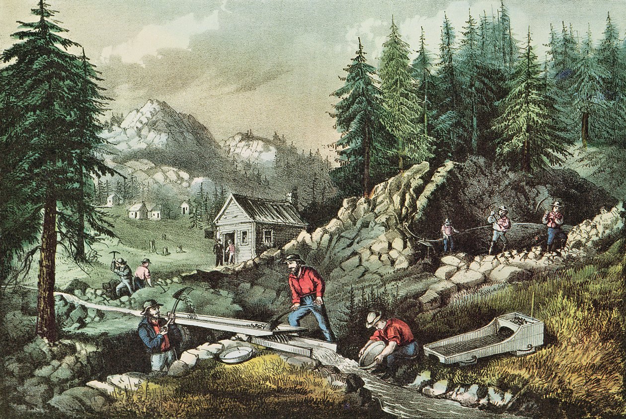 Wydobycie złota w Kalifornii, 1871 autorstwa N. and Ives, J.M. Currier