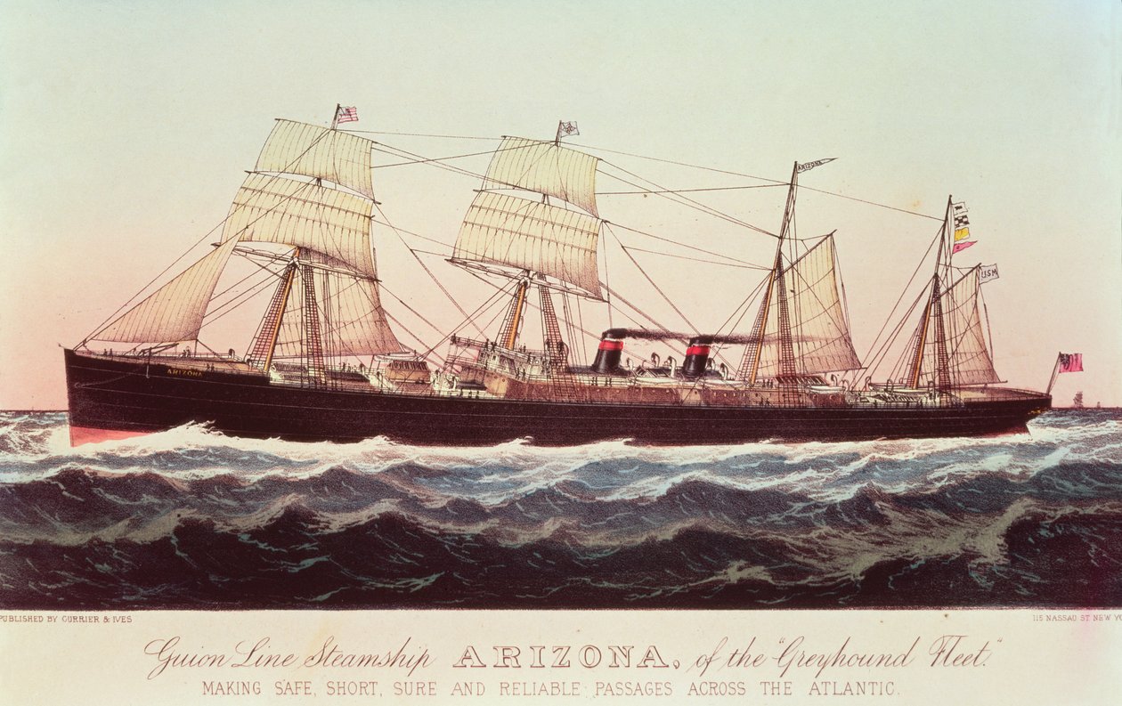 Parowiec Guion Line Arizona należący do „Floty chartów”, wykonujący bezpieczne, krótkie i niezawodne przejazdy przez Atlantyk autorstwa N. and Ives, J.M. Currier