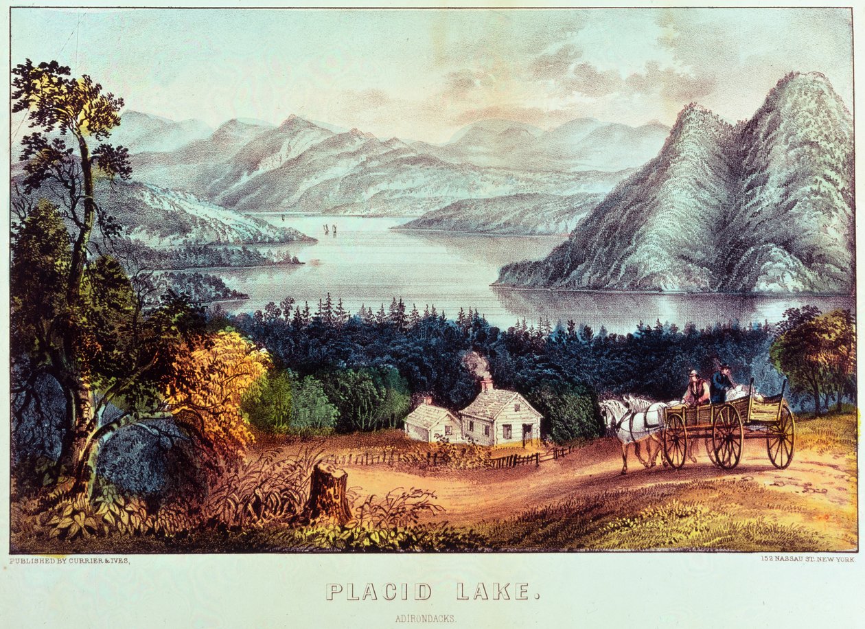 Spokojne jezioro, Adirondacks autorstwa N. and Ives, J.M. Currier