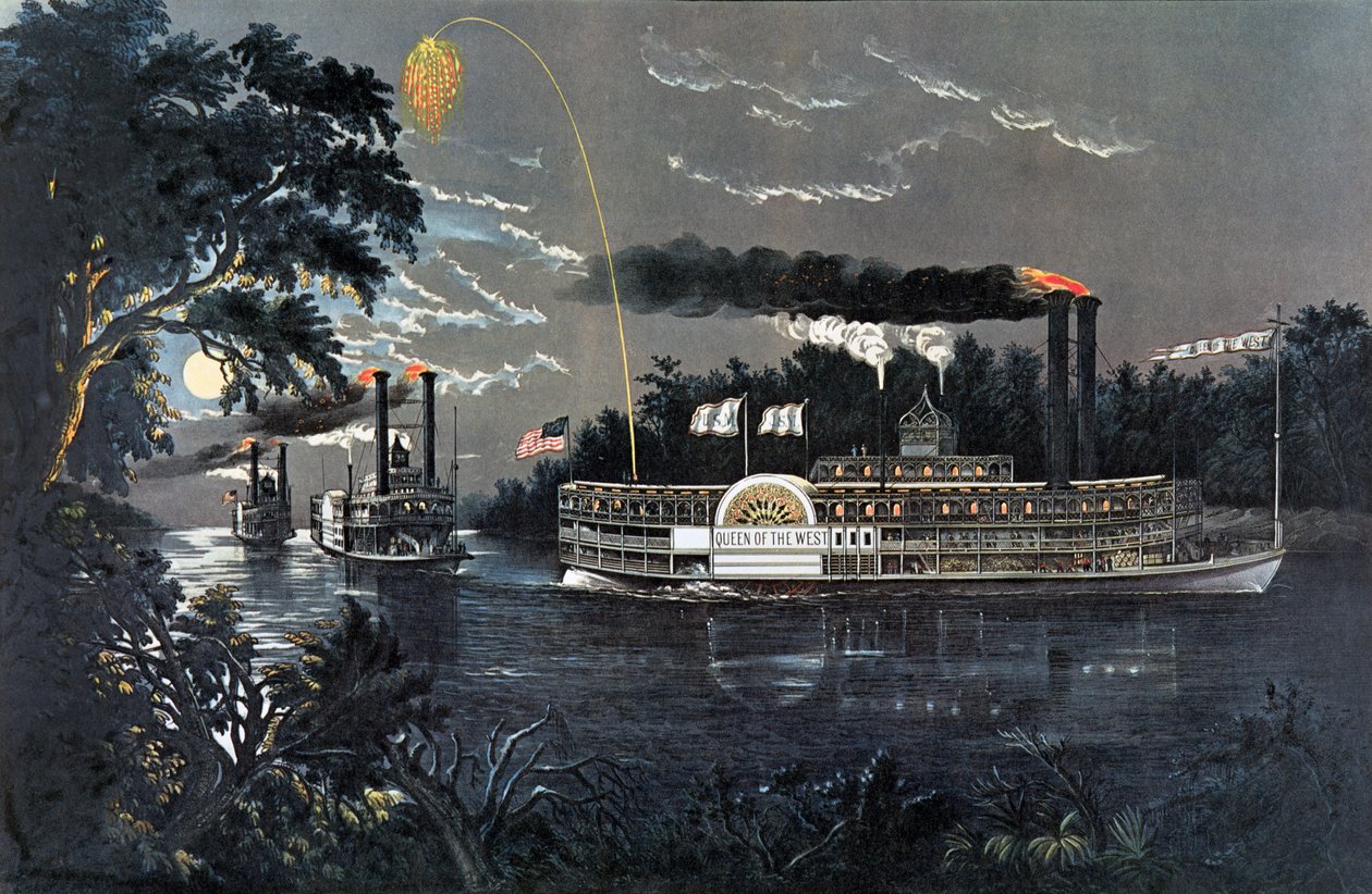 RL 27835 Zaokrąglanie zakrętu na parowcu Mississippi Queen of the West autorstwa N. and Ives, J.M. Currier