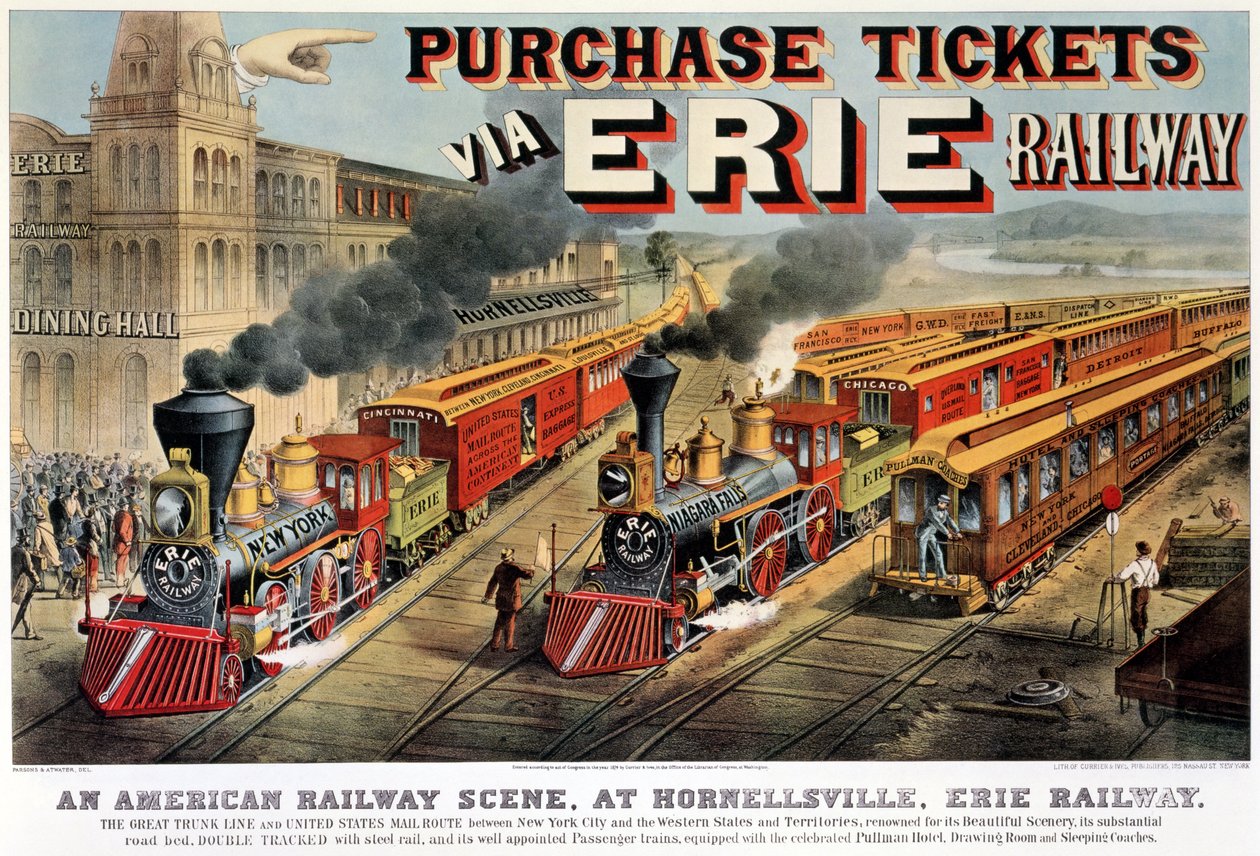 Amerykańska scena kolejowa w Hornellsville, Erie Railway (druk, 1874) autorstwa N. and Ives, J.M. Currier