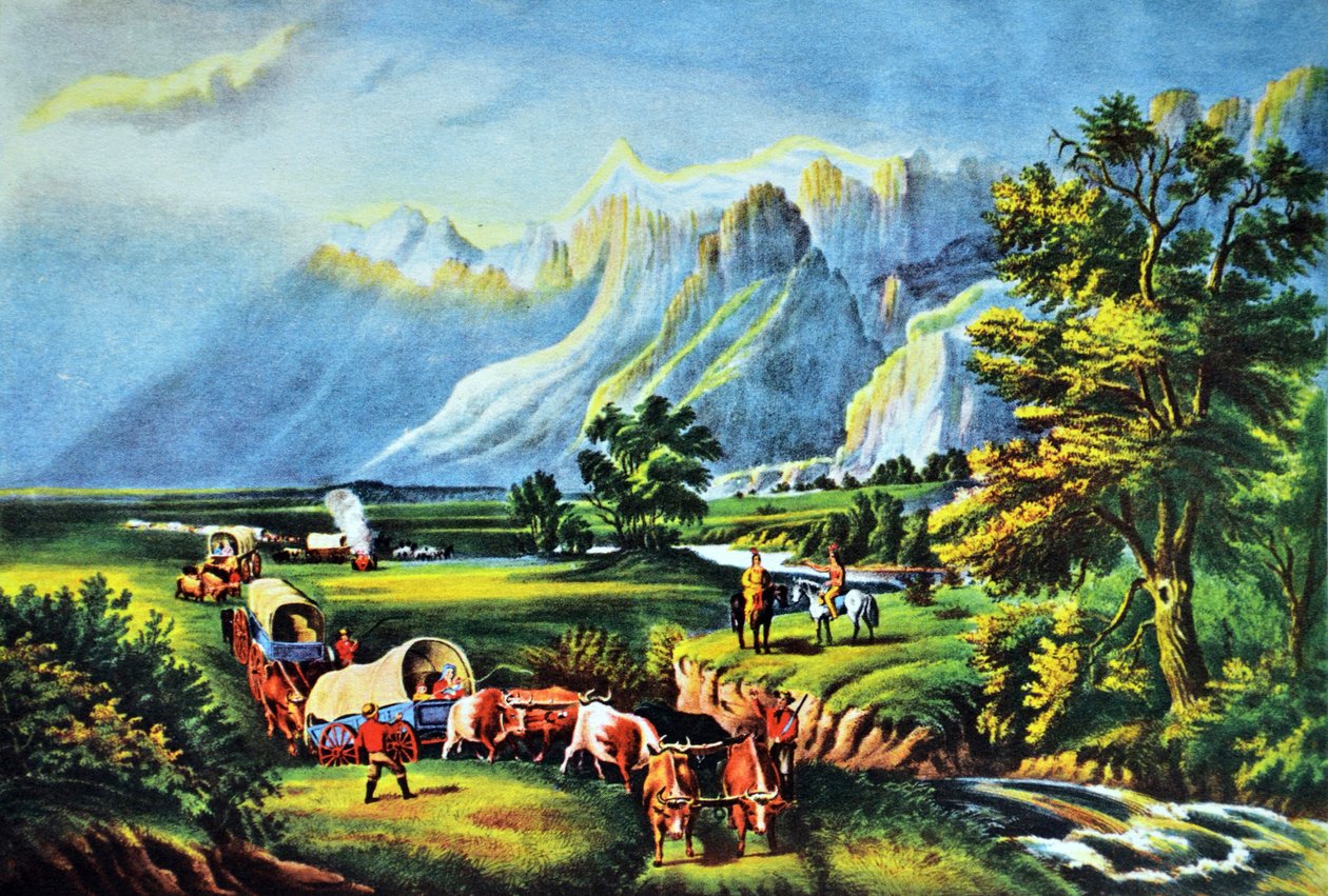 Góry Skaliste, emigranci przemierzający równiny autorstwa N. and Ives, J.M. Currier