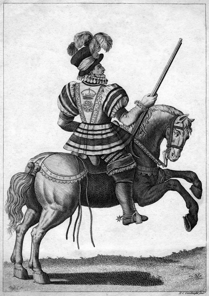 Yeoman z gwardii, który towarzyszy królowej Elżbiecie I w postępach autorstwa N. C. Goodnight