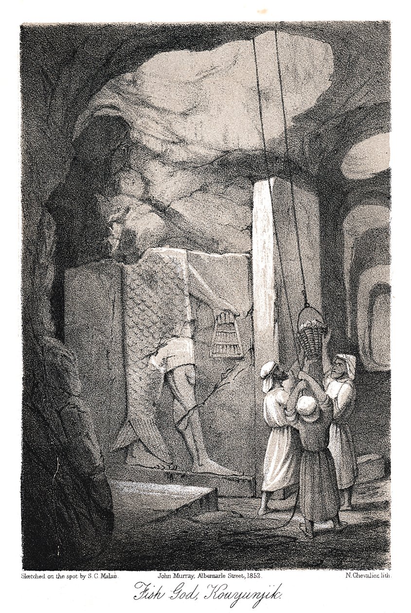 Wykopywanie płaskorzeźby przedstawiającej boga ryb Dagona, Niniwa, 1853 autorstwa N. Chevalier