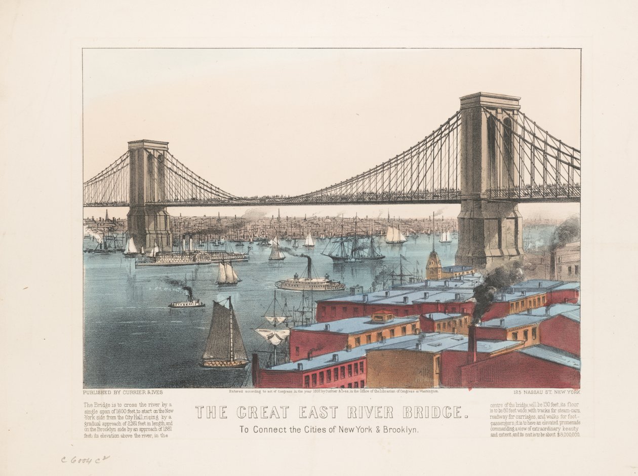 Wielki most East River: łączący miasta Nowy Jork i Brooklyn, ok. 1872 r. autorstwa Nathaniel Currier