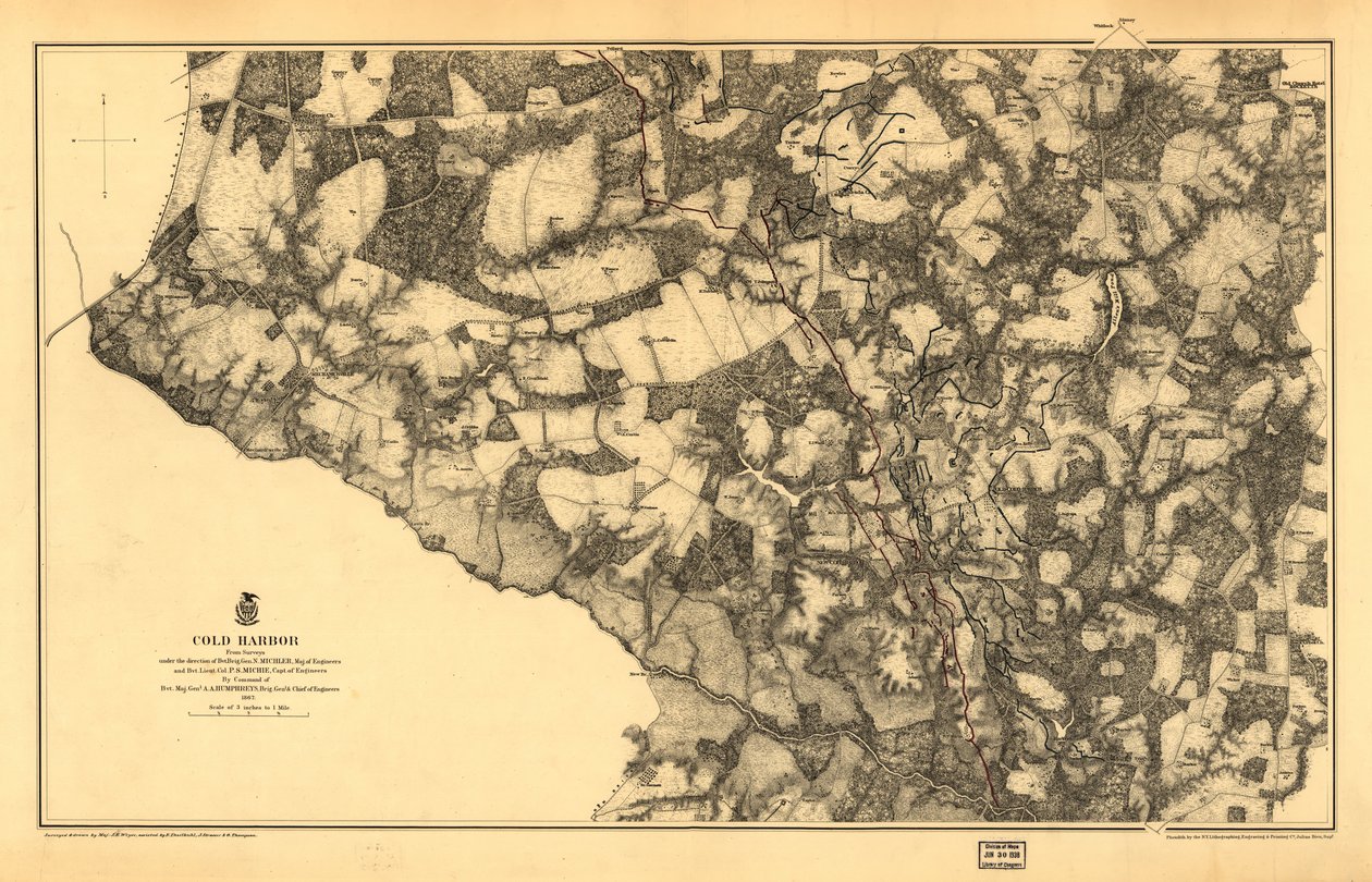 21 120. LC Civil War Maps (2nd ed.), 531.3 W tym wydaniu mapa jest wydrukowana na żółtym tle z rzeką Chickahominy w kolorze zielonym. Pokazuje drogi, Virginia Central R.R., domy, ogrodzenia, nazwy mieszkańców, roślinność, drenaż i rzeźbę terenu według ha autorstwa N. Michler