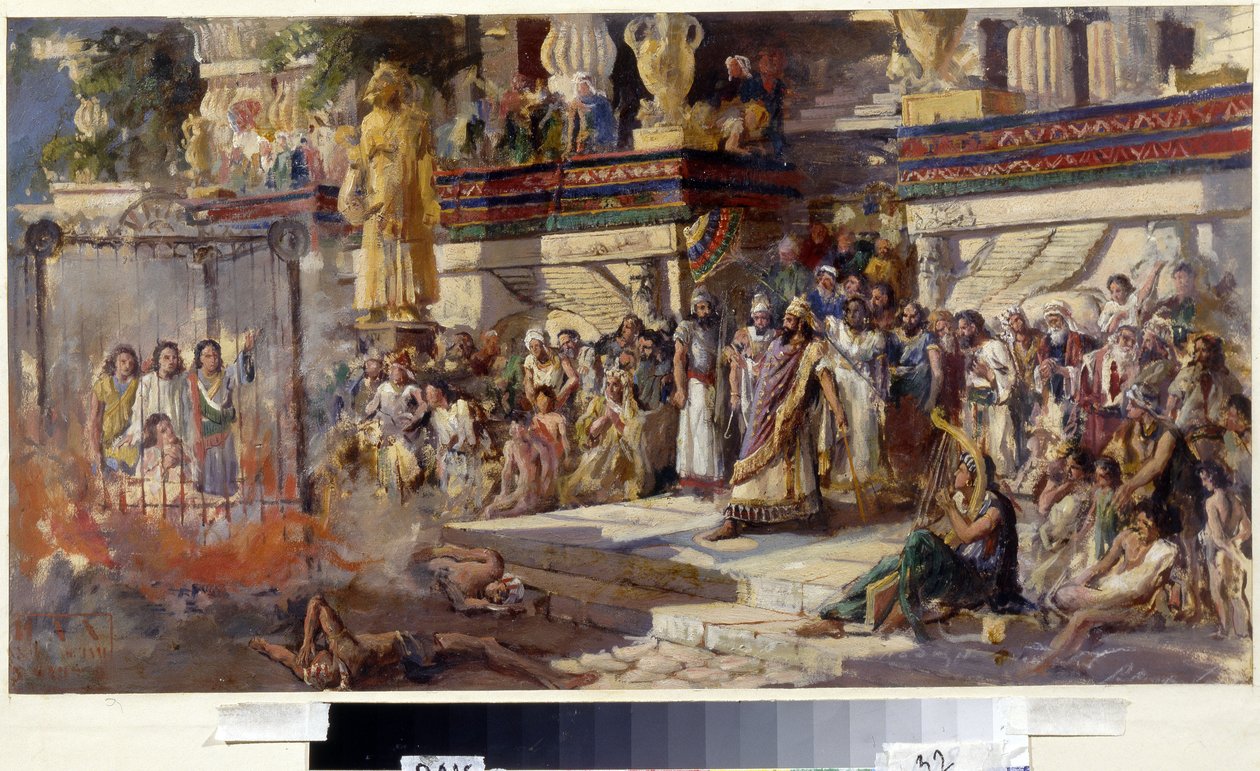 Trzej młodzi mężczyźni w ognistym piecu, 1879 (olej na tekturze) autorstwa N. T. Malyshev