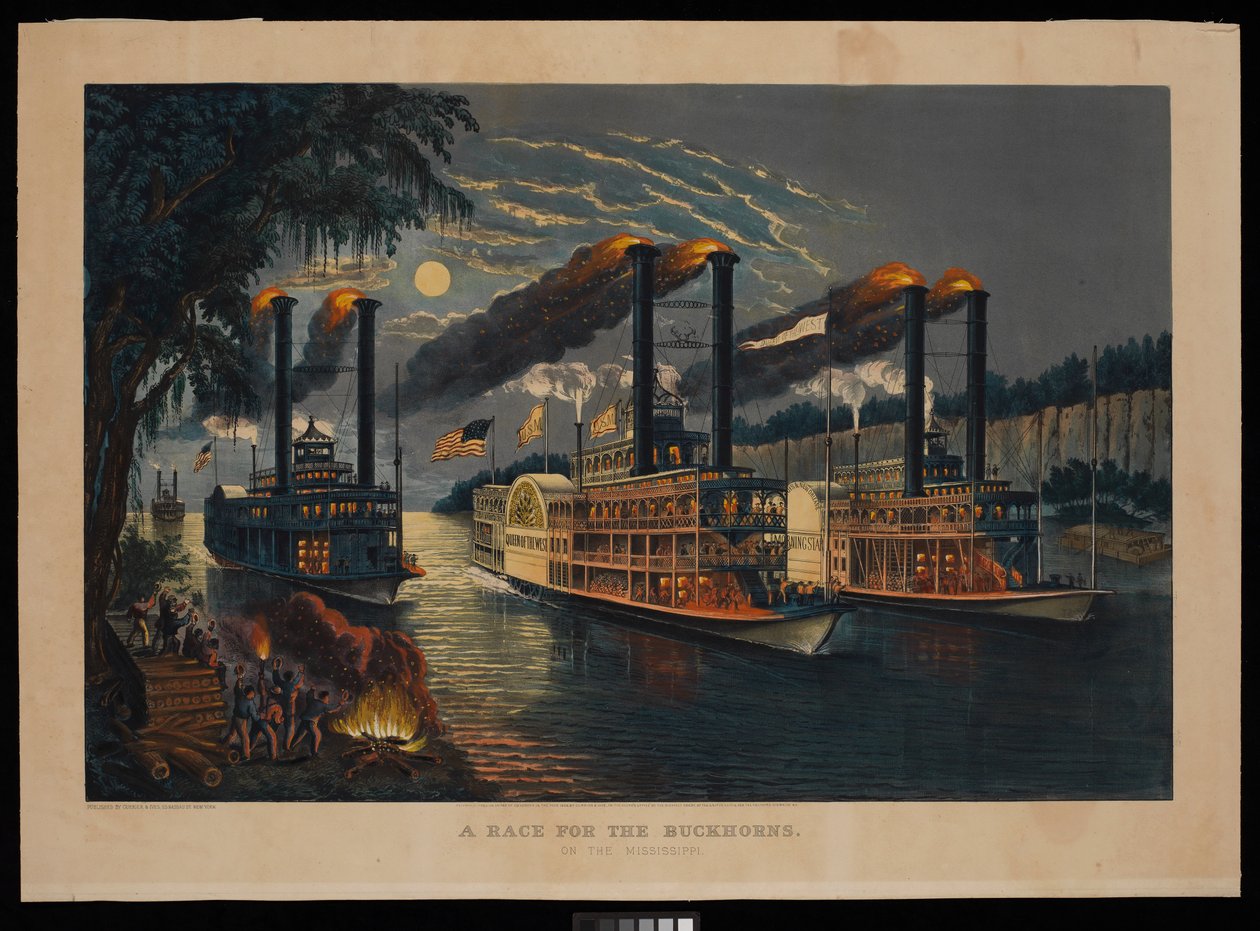 Wyścig o rogi Buckhorna na Missisipi autorstwa N. and Ives J.M. (1824 95) Currier
