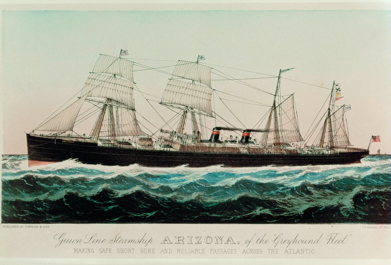 Parowiec Guion Line Arizona z floty Greyhound, zapewniający bezpieczne, krótkie, pewne i niezawodne rejsy przez Atlantyk ... (druk kolorowy) autorstwa N. and Ives J.M. (1824-95) Currier