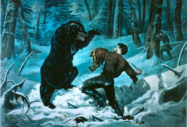 Życie na amerykańskiej granicy: Łowca w trudnej sytuacji autorstwa Currier and Ives