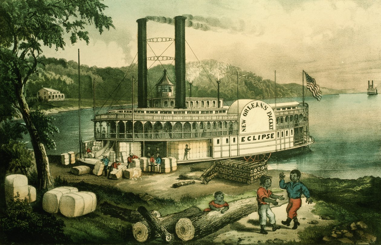 Ładowanie bawełny na Missisipi autorstwa N. and Ives J.M. (1824-95) Currier