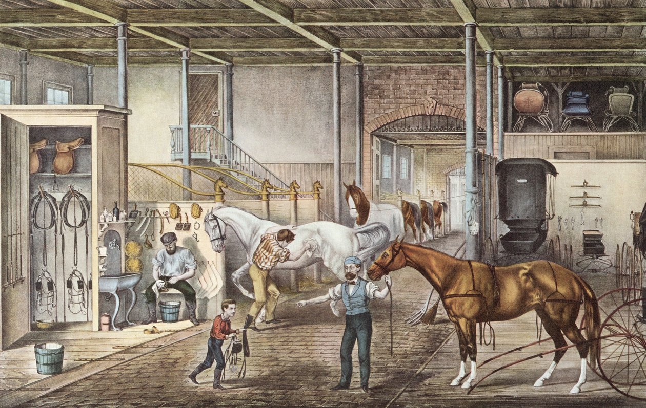 Modelowa stajnia, w której chłopcy i stajenni naprawdę zajmują się końmi, rycina z książki "America" Curriera i Yvesa z 1870 r. autorstwa N. and Ives J.M. (1824 95) Currier