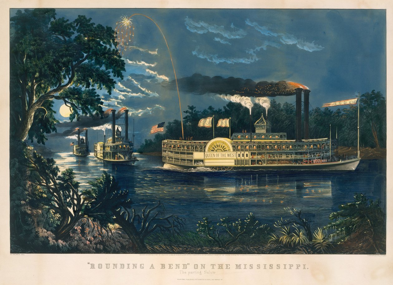 „Zaokrąglanie zakrętu” na Missisipi – pożegnalny salut autorstwa Currier and Ives