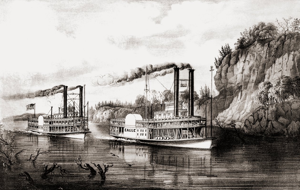 Parowce ścigające się na rzece Missisipi, USA. autorstwa N. and Ives J.M. Currier