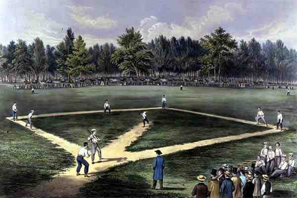 American National Game of Baseball, Grand Match For the Championship na The Elysian Fields, Hoboken, NJ 1866 (kolor lito) autorstwa Currier and Ives
