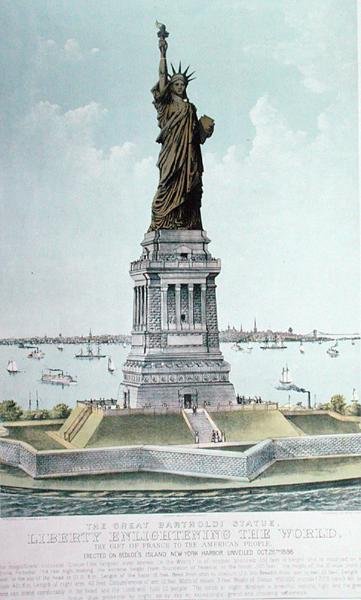 Statua Wielkiego Bartholdiego, Wolność oświecająca świat (kolor lito) autorstwa Currier and Ives