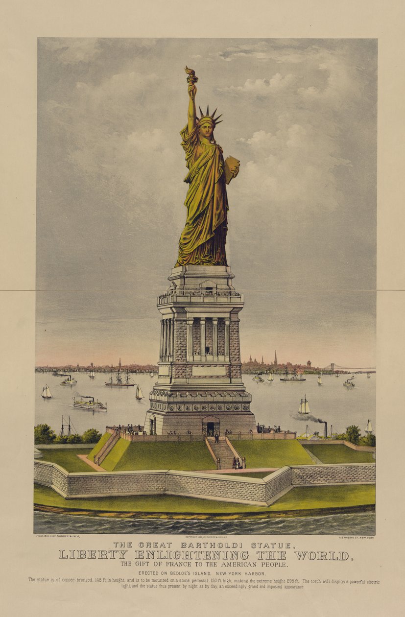 Statua Wielkiego Bartholdiego, Wolność oświecająca świat, Dar Francji dla narodu amerykańskiego, c.1885 (chromolitografia) autorstwa Currier and Ives