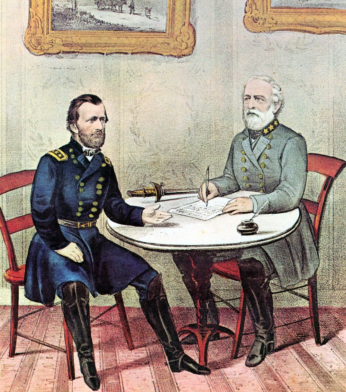 Amerykańska wojna secesyjna: Generałowie Grant (po lewej) i Lee spotkali się w Niedzielę Palmową 1865 r., aby ustalić warunki kapitulacji Armii Północnej Wirginii Lee. autorstwa N. and Ives J.M. (1824 95) Currier