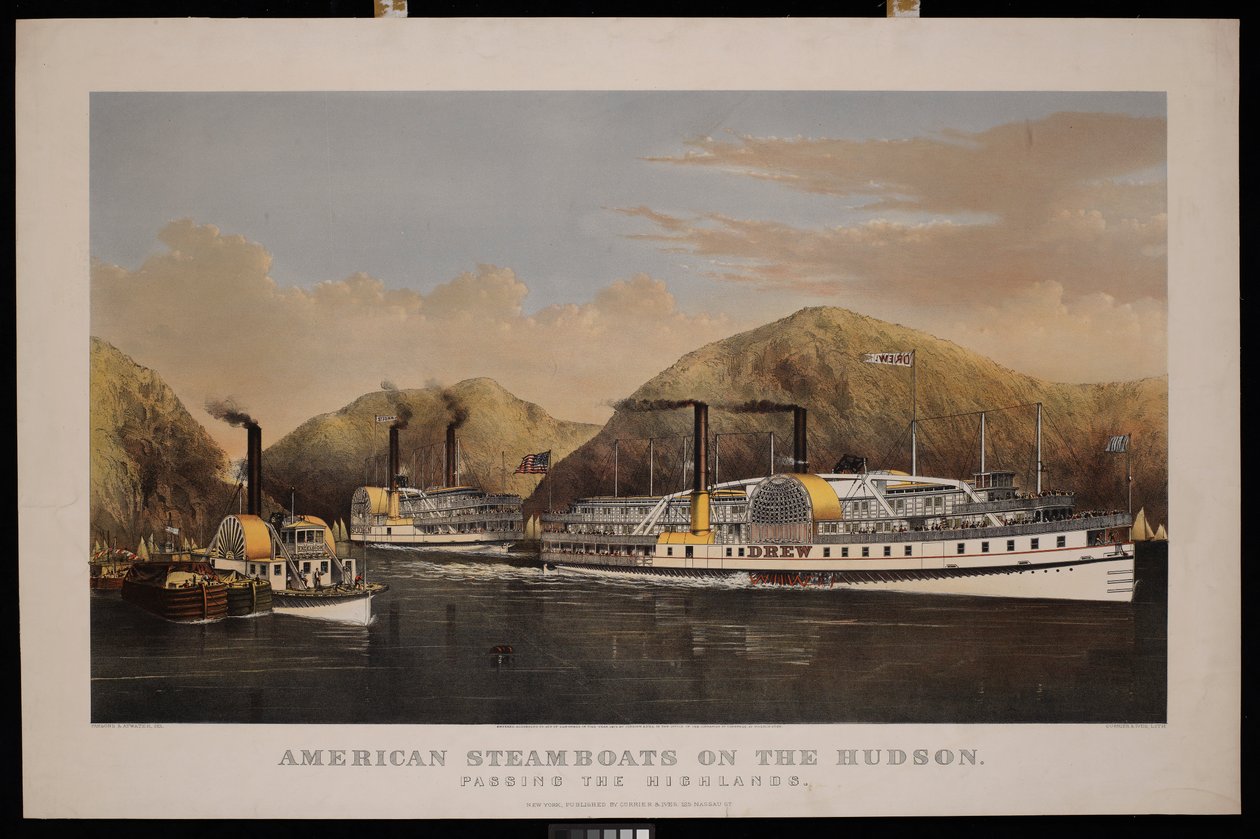 Amerykańskie parowce na rzece Hudson. Mijając Highlands. Drew, St John i Excelsior autorstwa N. and Ives J.M. (1824 95) Currier