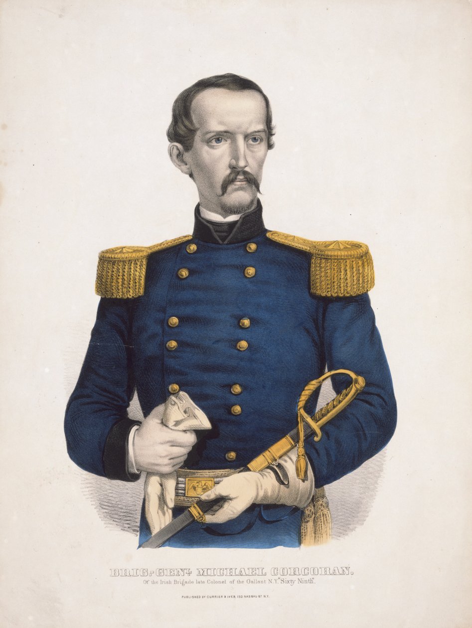 gen. bryg. Michael Corcoran z Irlandzkiej Brygady, późny pułkownik dzielnego Nowego Jorku „Sixty Ninth” autorstwa Currier and Ives