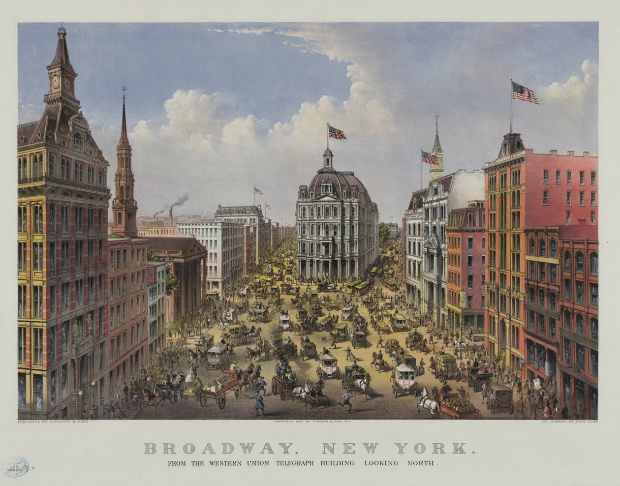 Broadway, Nowy Jork z budynku telegraficznego Western Union patrząc na północ autorstwa Currier and Ives