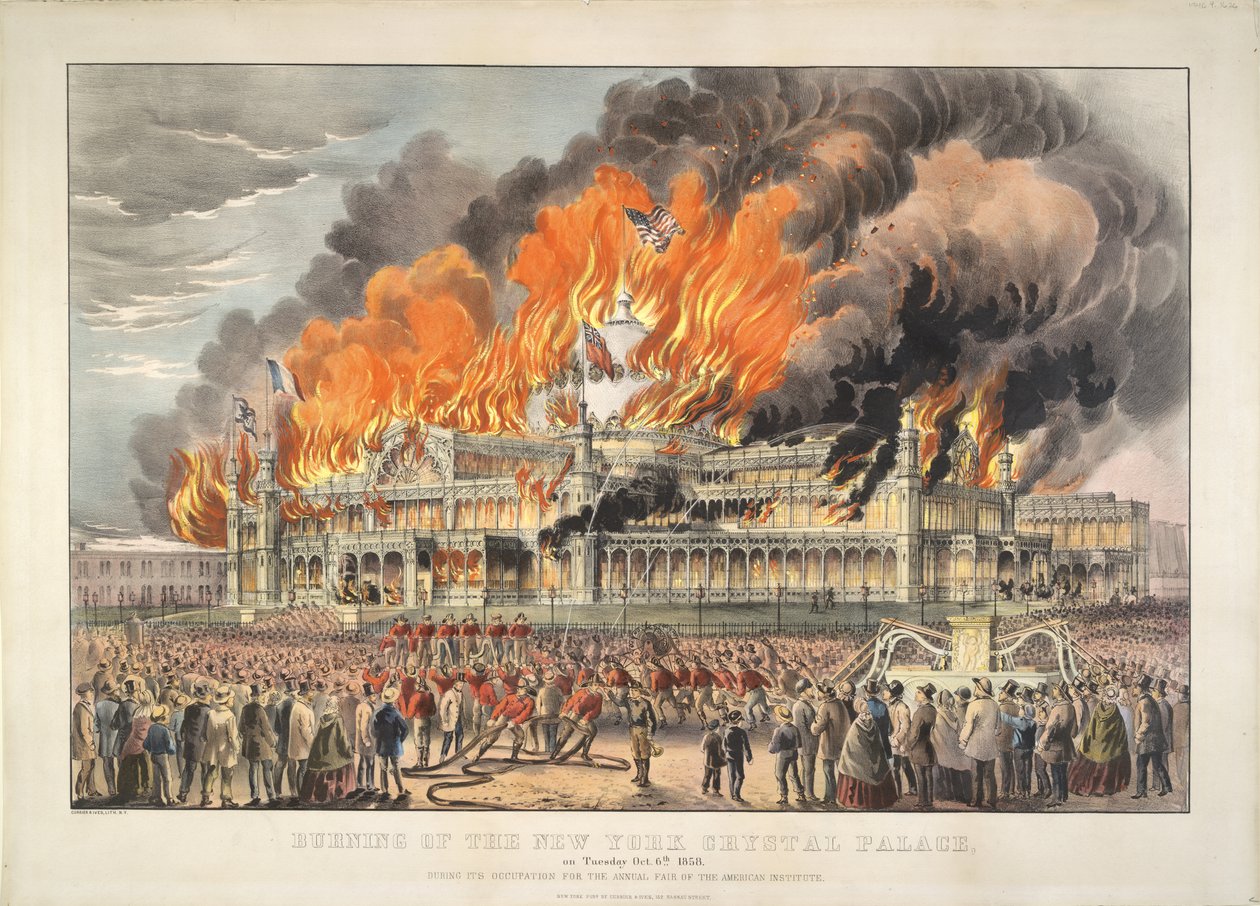 Spalenie nowojorskiego Crystal Palace we wtorek 5 października 1858 r. (litografia kolorowa)   Kolorowa litografia autorstwa Currier and Ives