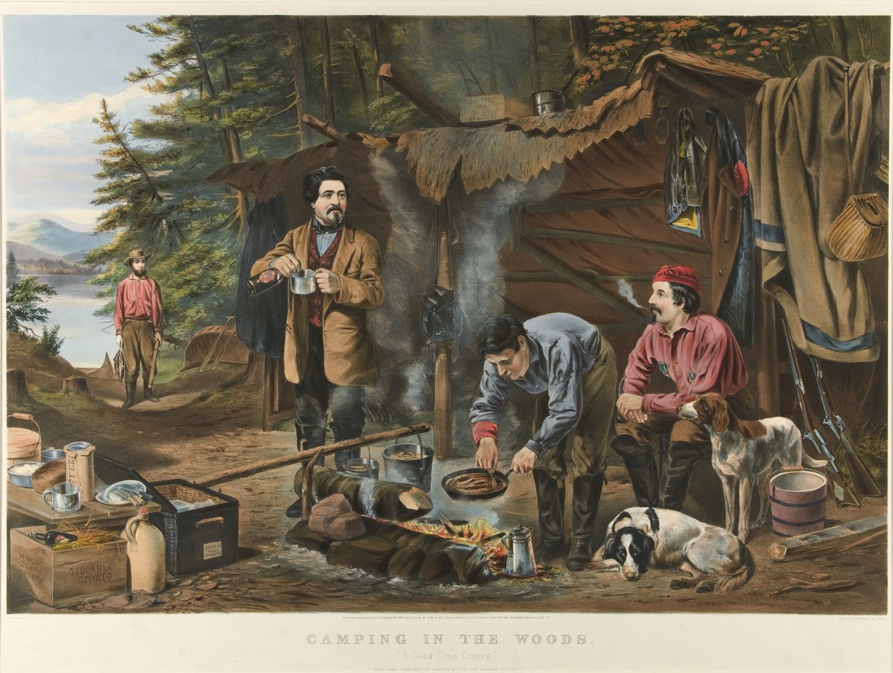 Kemping w lesie „Nadchodzi dobry czas” (litografia kolorowa) autorstwa Currier and Ives