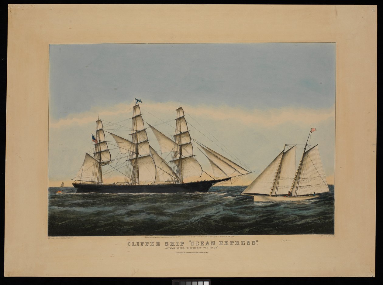 Kliper Ocean Express płynący na zewnątrz "wyładowujący pilota" autorstwa N. and Ives J.M. (1824 95) Currier