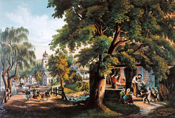 Życie na wsi w USA: Wiejski kowal autorstwa Currier and Ives