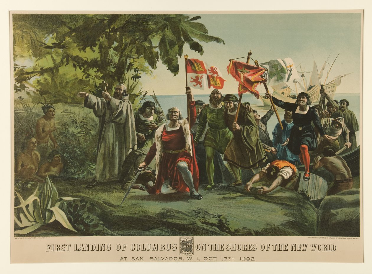 Pierwsze lądowanie Kolumba na wybrzeżu Nowego Świata autorstwa Currier and Ives