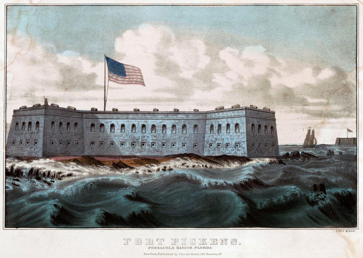 Fort Pickens: Port Pensacola, Floryda, ok. 1860 (kolorowa litografia) autorstwa Currier and Ives