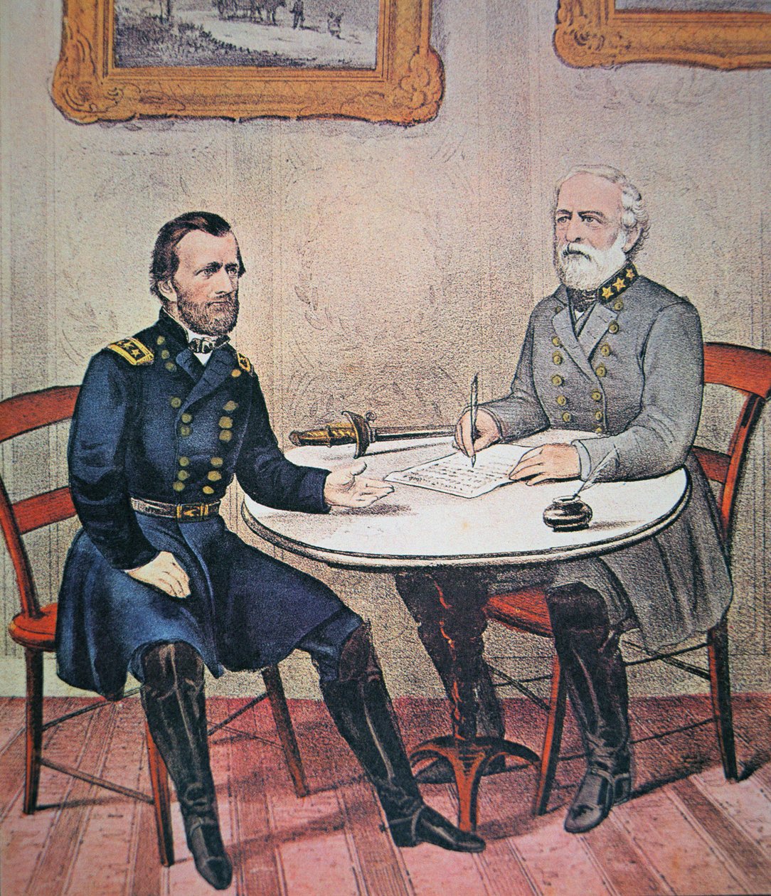 Generał Robert E. Lee (1807-70) poddaje się generałowi Ulyssesowi S. Grantowi (1822-85) w gmachu sądu Appomattox, 9 kwietnia 1865 (kolor lito) autorstwa Currier and Ives