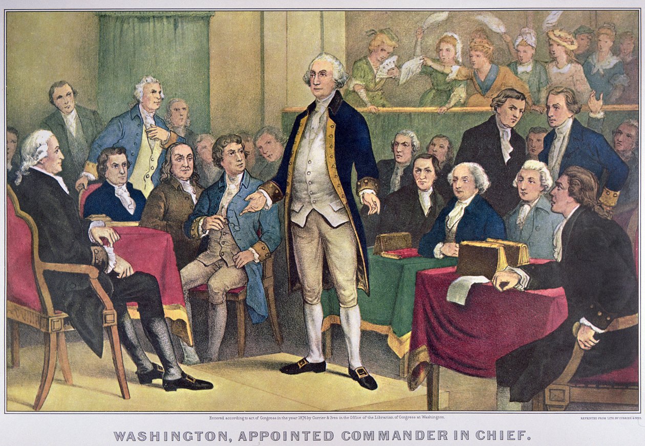 George Washington (1732-99) mianowany naczelnym dowódcą, opublikowany 1876 (kolor lito) autorstwa Currier and Ives