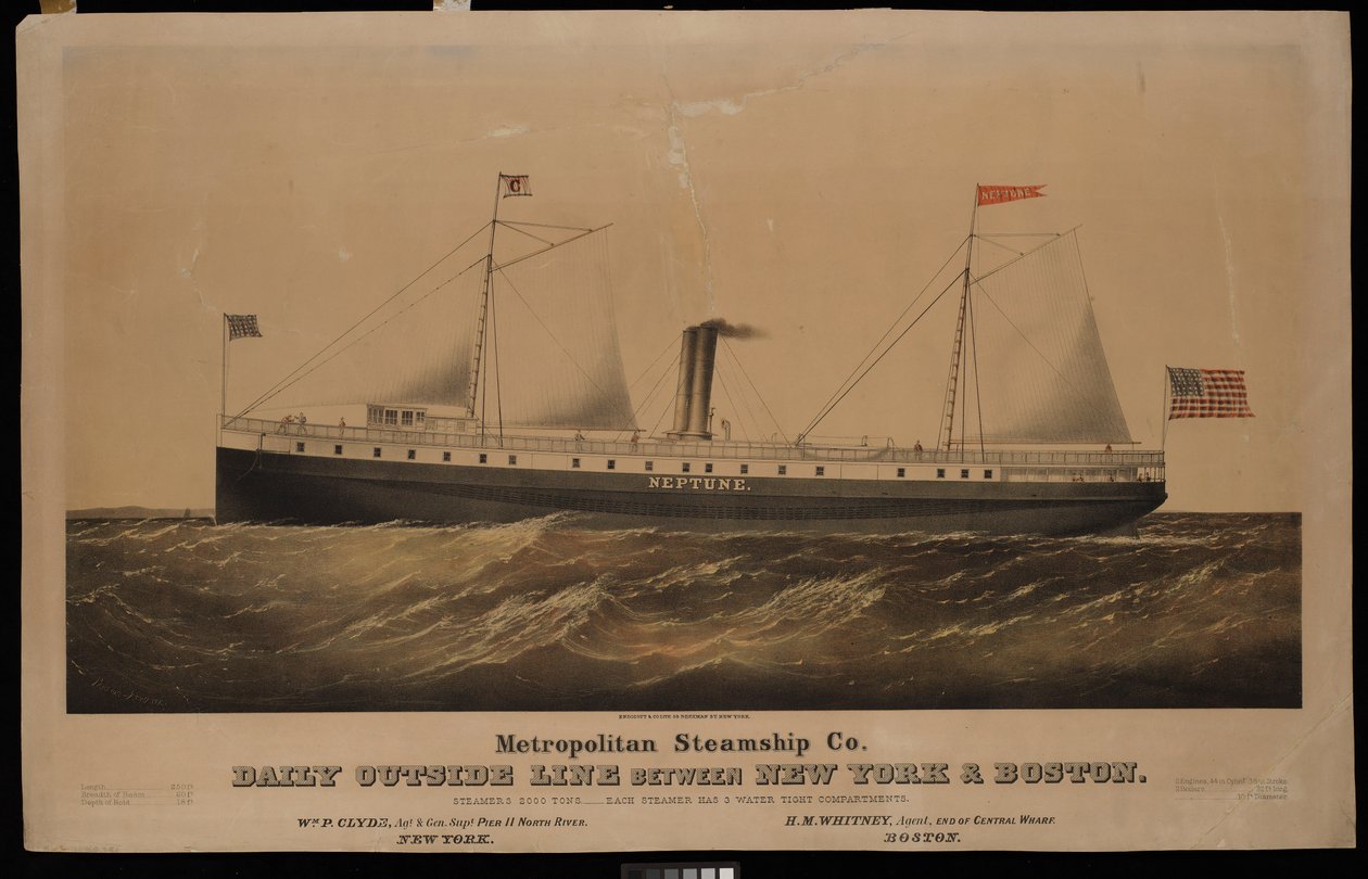 Metropolitan Steamship Co. codzienna linia zewnętrzna między Nowym Jorkiem a Bostonem... Neptun (litografia, kolorowana) autorstwa N. and Ives J.M. (1824 95) Currier